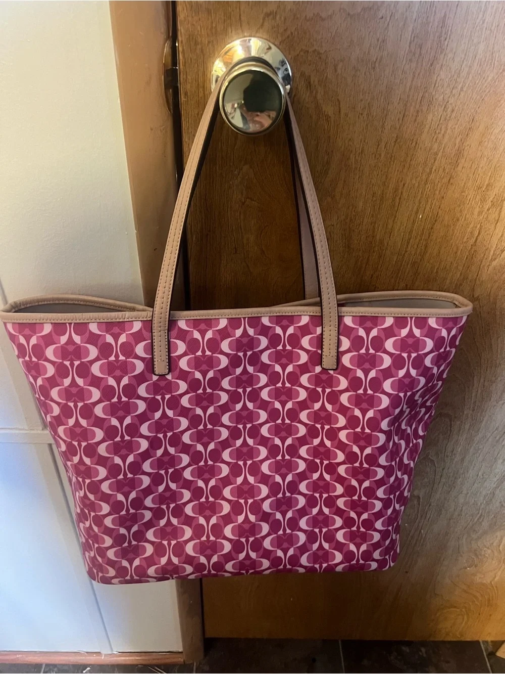 Coach Pink Signature Canvas Tote with Tan Leather Trim
